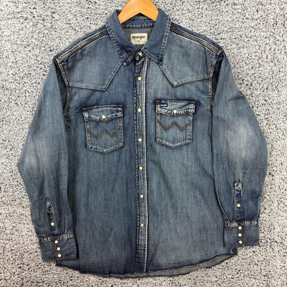 Wrangler Shirt Mens XL Blue Denim Western Snap Button Up Long Sleeve Two Pocket